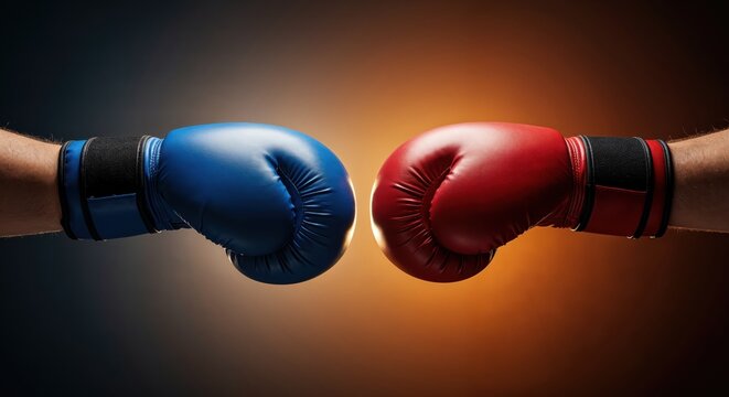 Duel of Gloves: A close-up view capturing the intensity of boxing with two gloved fists colliding, one clad in vibrant blue and the other in striking red.