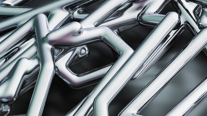 3D render of an abstract metallic wireframe structure with smooth chrome surfaces