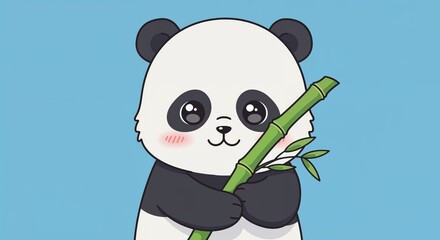 Fototapeta premium Panda with bamboo: A cheerful panda, its fur a striking contrast of black and white, clasps a fresh bamboo stalk, embodying the essence of peace and harmony.