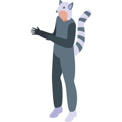 Person Wearing A Gray Raccoon Costume With A Striped Tail Standing On A Transparent Background In An Isometric View