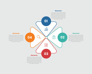 4 elements infographic comparison diagram with round triangle centered with circle badge each side with 4 step for slide presentation