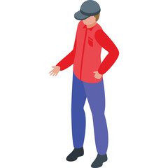 Person Wearing A Red Vest And Blue Pants With A Baseball Cap Standing On A White Background Showing One Hand Forward With Open Palm Facing Up