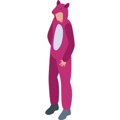 Person Wearing A Pink Hamster Onesie Costume With A Translucent White Oval On Chest And Gray Feet Standing On A White Background