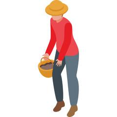Person Wearing A Straw Hat And Red Shirt Bending Down Holding A Bucket Of Soil With Transparent Background