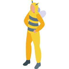 Person Wearing a Yellow and Gray Bee Costume with Wings Standing with Hands on Hips on a Transparent Background