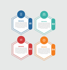 4 elements infographic comparison diagram with hexagon shape with rectangle badge and circle on top with 4 step for slide presentation