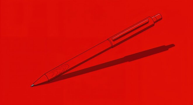 Scarlet Pen's Grace: A striking, scarlet pen rests elegantly, casting a bold shadow against a solid backdrop, symbolizing precision and effortless creativity.