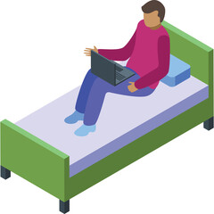 Person sitting on a bed with a laptop on their lap working remotely with a pillow behind their back dressed in pink sweater and blue pants with blue socks on a white background with a green bed frame