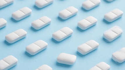 shallow. White tablets arranged in a geometric pattern on a light blue surface. STEM education sheets, lab safety posters, designed for biotech research communications, used by art directors.