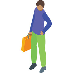 Person Standing Holding Shopping Bag with Purple Blue Long Sleeve Shirt and Green Pants Isolated on White Background