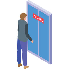 Person standing in front of closed blue glass doors with red closed sign illuminated