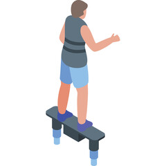 Person Standing On Electric Skateboard With Blue Shorts and Gray Life Vest With Transparent Background