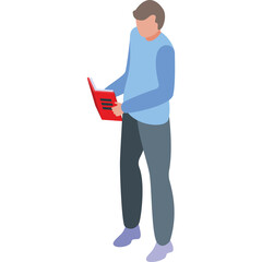 Person Standing Reading Open Red Book Isometric View Light Blue Sweater Dark Grey Pants Light Purple Shoes White Background Isolated