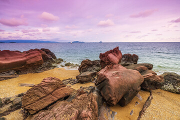 Beautiful sunset on the tropical sea at Pink Stone Yard, Channthaburi Province, Thailand.