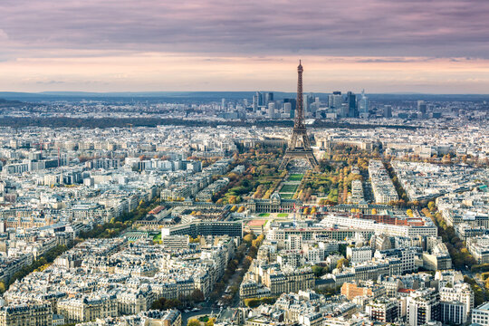 Aerial view of Paris city at sunset, France