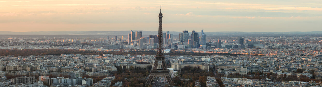 Panorama of Paris skyline with Eiffel tower at sunset, France