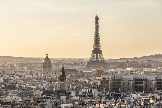City of Paris with Eiffel tower at sunset, Ile de France, France