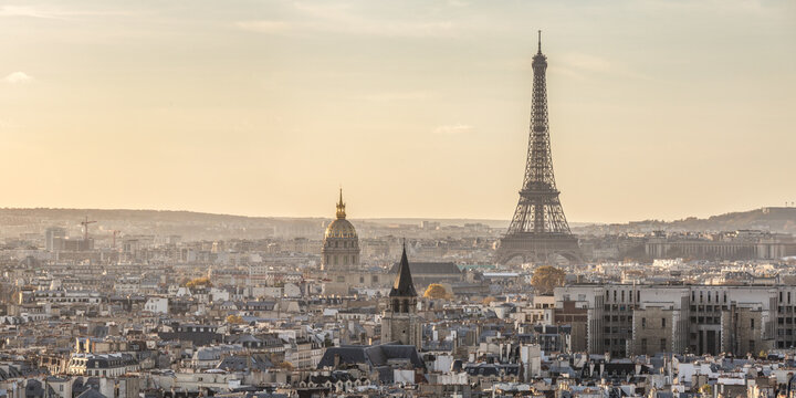 Panoramic of city of Paris at sunset, France