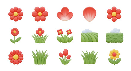 Collection of 3d cartoon flowers and grass isolated on transparent background