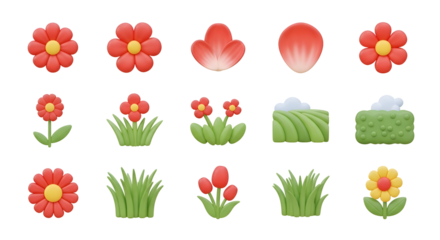 Collection of 3d cartoon flowers and grass isolated on transparent background