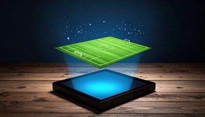 Dynamic holographic soccer field emerging from a tablet, envisioning future sports technology