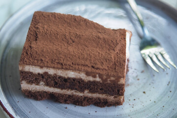 Delicious chocolate cake served on a silver plate