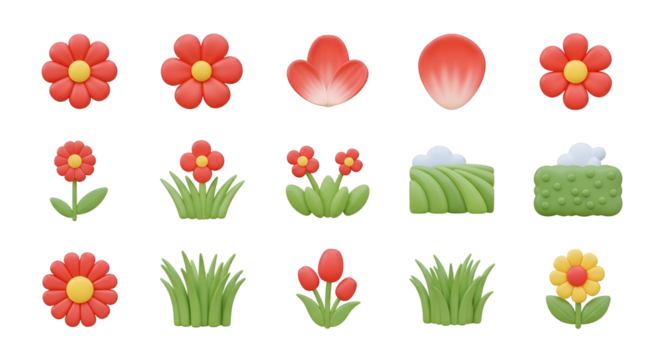 Collection of 3d cartoon flowers and grass isolated on transparent background