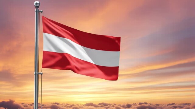 National flag of austria nation waving on the wind with a beautiful sunset on the background, banner of the country