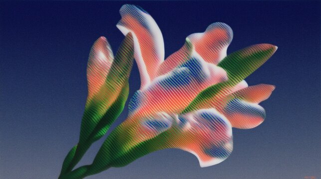 Fototapeta Abstract Flower with Glitch Art Effect and Colorful Lines on Dark Blue Background, Artistic Illustration Ideal for Wallpaper, Poster, Banner with Modern Aesthetic