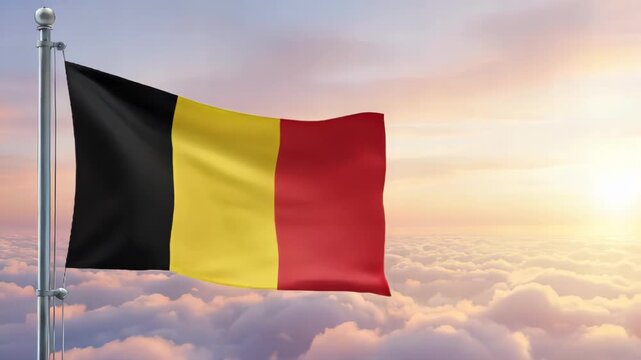 National flag of belgium nation waving on the wind with a beautiful sunset on the background, banner of the country