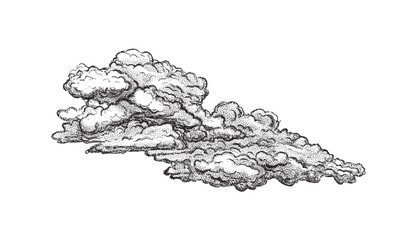 Clouds in hand drawn vintage retro style isolated on white background. Cartoon design elements. Landscape elements in sketch style. Vector illustration.	