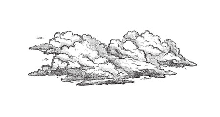 Clouds in hand drawn vintage retro style isolated on white background. Cartoon design elements. Landscape elements in sketch style. Vector illustration.	