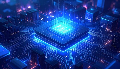 A close-up, glowing circuit board illustrates digital technology