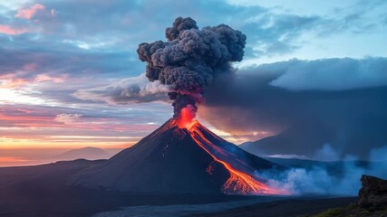 Dramatic footage of a volcano erupting with lava flowing down its sides under a colorful sky, showcasing nature's raw power and geological activity