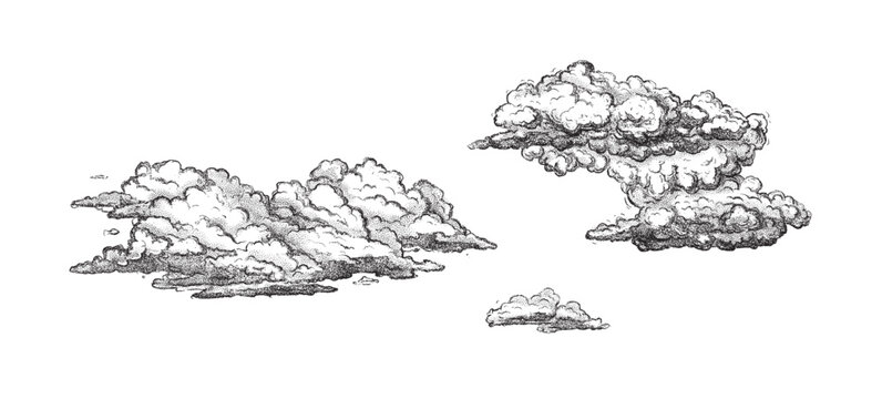 Clouds in hand drawn vintage retro style isolated on white background. Cartoon design elements. Landscape elements in sketch style. Vector illustration.	