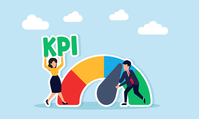Businesswoman holding KPI text beside businessman adjusting level meter illustration of effort to improve employee performance quality in business