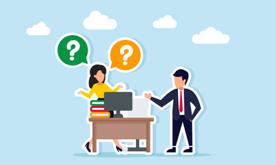 Businessman talking with businesswoman near work desk with question chat bubbles illustration of senior supervisor inspecting employee performance