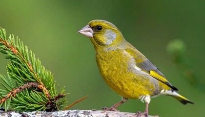 A vibrant green and yellow bird perched on a branch against a blurred green background
