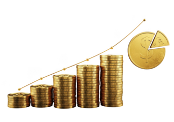 Increasing stacks of gold coins with a rising line graph and pie chart isolated on transparent background