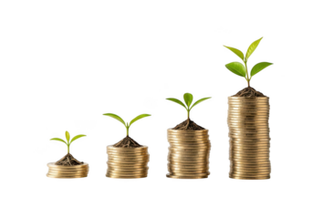 Four stacks of gold coins with small green plants growing from them isolated on transparent background