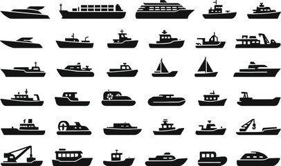30 Marine Sector Vehicle Icons Solid Black Vector Silhouette Set on White Background