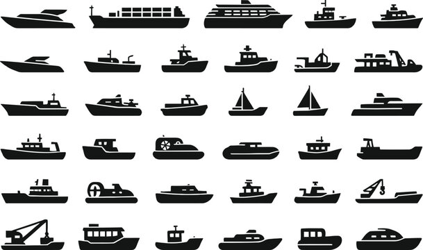 30 Marine Sector Vehicle Icons Solid Black Vector Silhouette Set on White Background