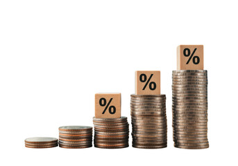 Stacks of coins with percentage symbols on wooden blocks isolated on transparent background