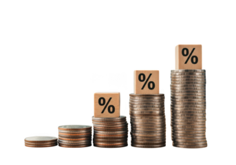 Stacks of coins with percentage symbols on wooden blocks isolated on transparent background