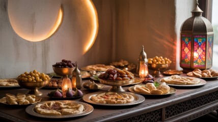 Obraz premium Ramadan iftar table setting with dates sweets and lanterns