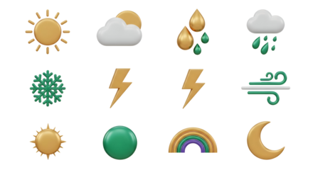 Collection of weather icons isolated on transparent background