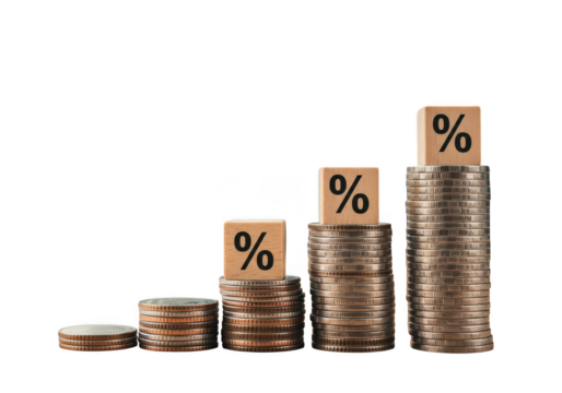 Stacks of coins with percentage symbols on wooden blocks isolated on transparent background - Powered by Adobe