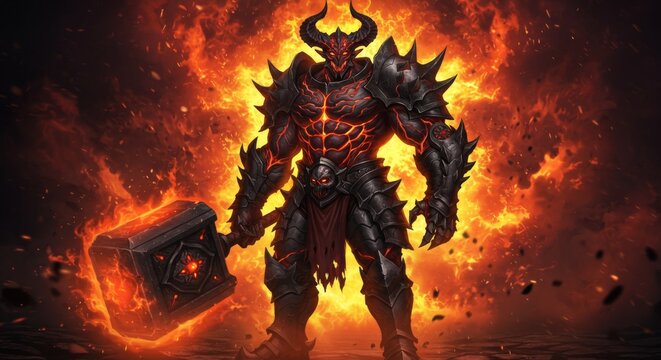 Armored demon warrior with fiery hammer in inferno