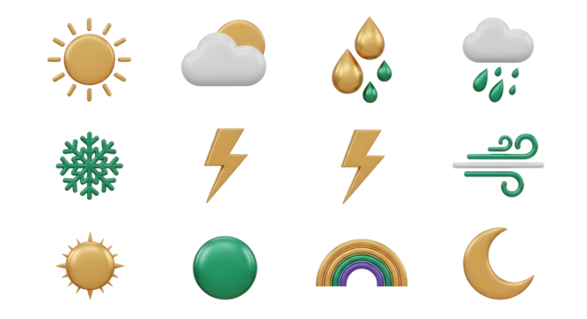 Collection of weather icons isolated on transparent background