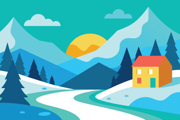 Vector art of winter landscape with house, mountains, trees, and sunset in flat design style